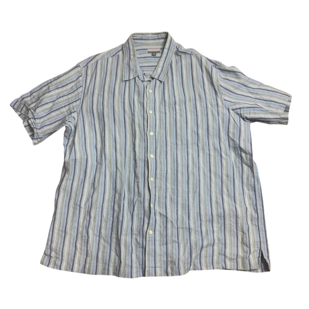 Breakwater Men Short Sleeve Button Down Shirt XL Blue Striped 100% Linen Classic